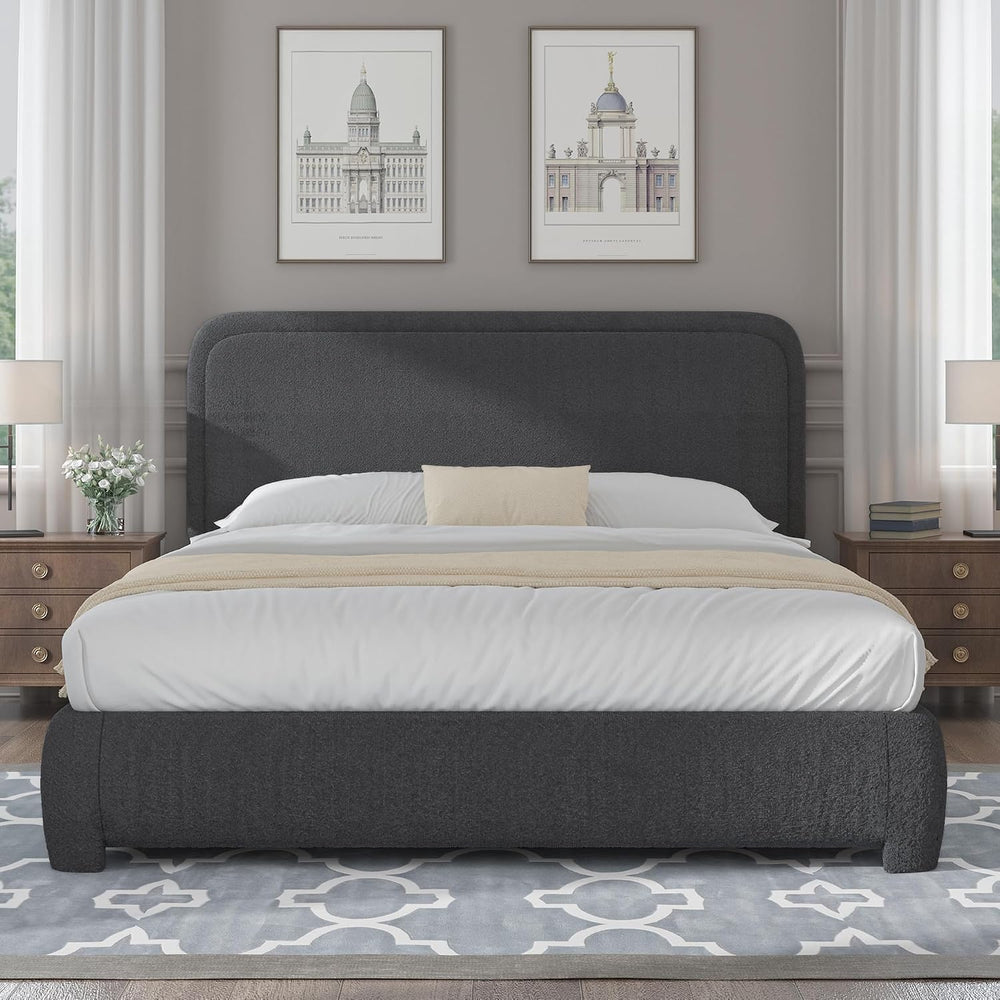 BarnFurin Queen Bed Frame, Cloud Boucle Headboard, Rounded Corners, Grey