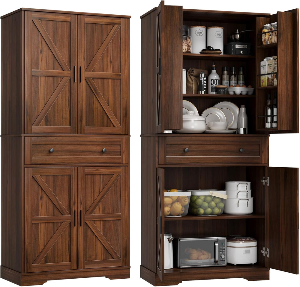 Garvee 71" Kitchen Pantry Cabinet, Barn Door Freestanding Cupboard with ...