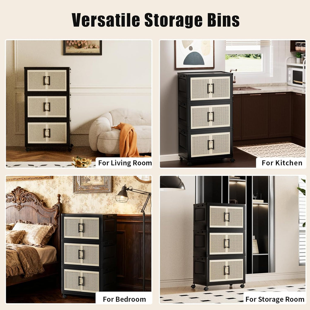 Stackable Storage Bins with Lids,Collapsible Plastic Storage Box Closet Organizers and Storage with Wheels and Magnetic Door for Home Office Dorm (3 Pack)