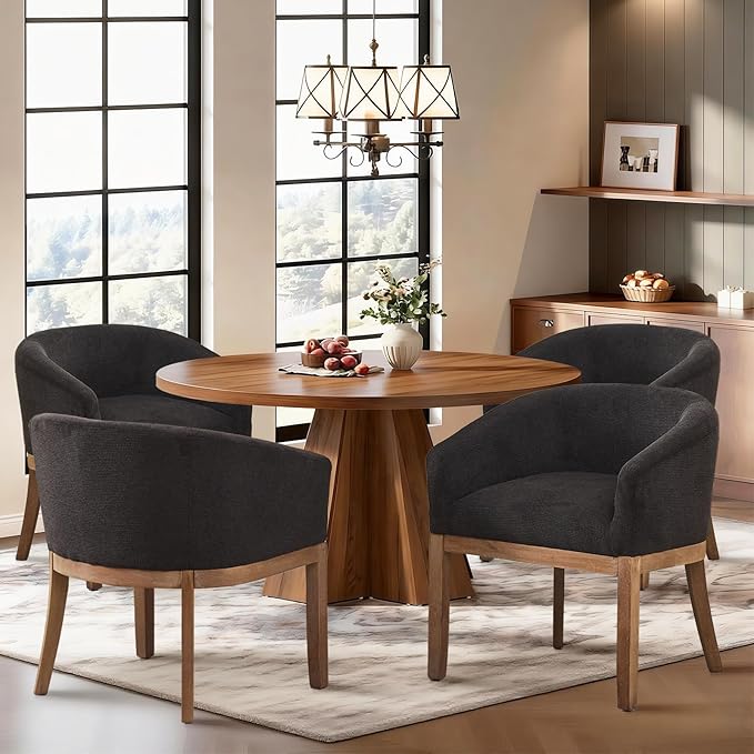 SoarFlash Mid Century Modern Upholstered Barrel Dining Chairs Set of 4, Farmhouse Linen Kitchen and Dining Room Chairs, with Natural Hardwood Frame (Black)