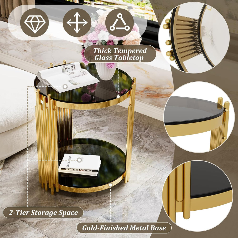 19.8" Round End Table with Gold Finish & Lower Shelf, Modern Black M...