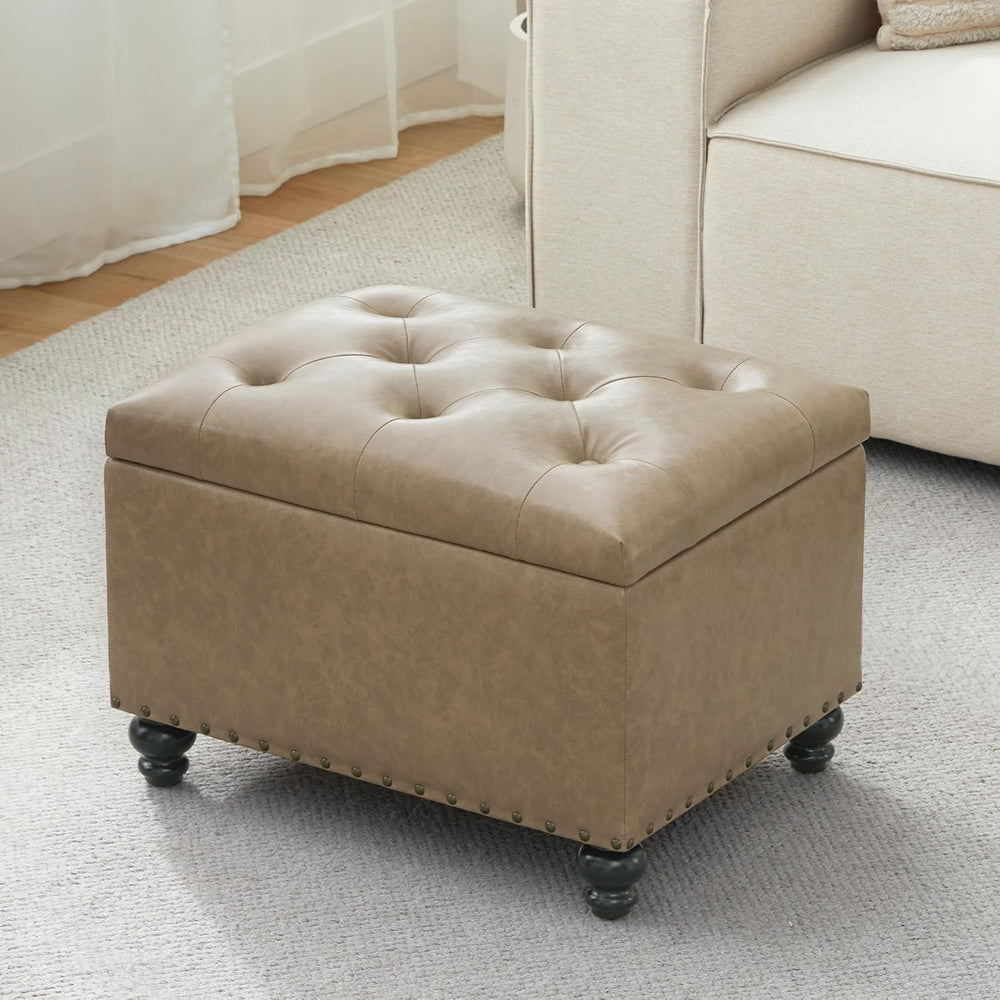 Zihanhome Leather Ottoman with Storage, Upholstered Button Tufted Ottoman Foo...