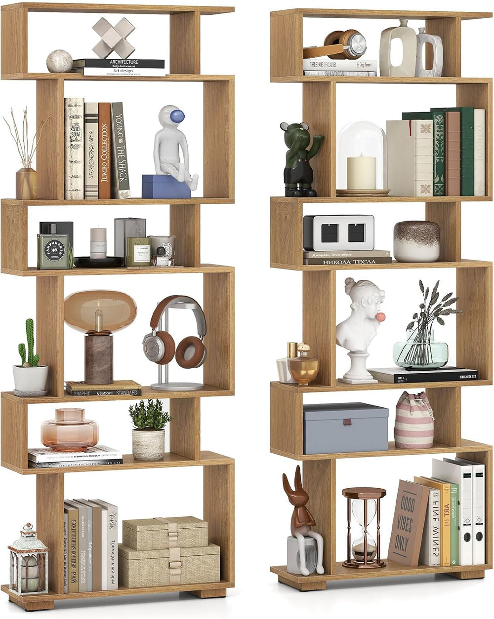 GIANTEX 6-Tier Geometric Bookshelves Set of 2, S-Shaped Bookcase with 2 Anti-...