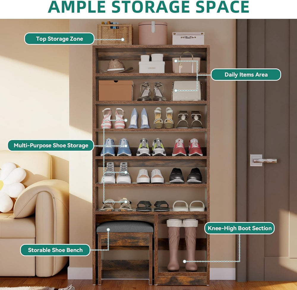 DWVO Shoe Cabinet with Hidden Bench, 8 Tiers Free Standing Shoe Racks, 70.9&#...