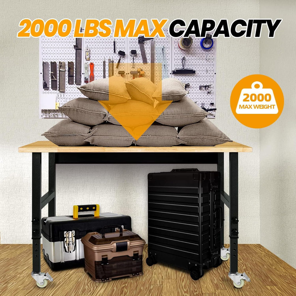 48" Adjustable Work Bench, Rubber Wood Top Workbench Heavy-Duty Work Tab...