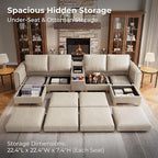 SITJOY 132" Faux Leather Modular Sectional Sofa with Storage, Mid Century Modern Sectional Couches for Living Room, 6 Seat U Shaped Couch with Ottoman and Console Table, Hidden Cupholders, Greige