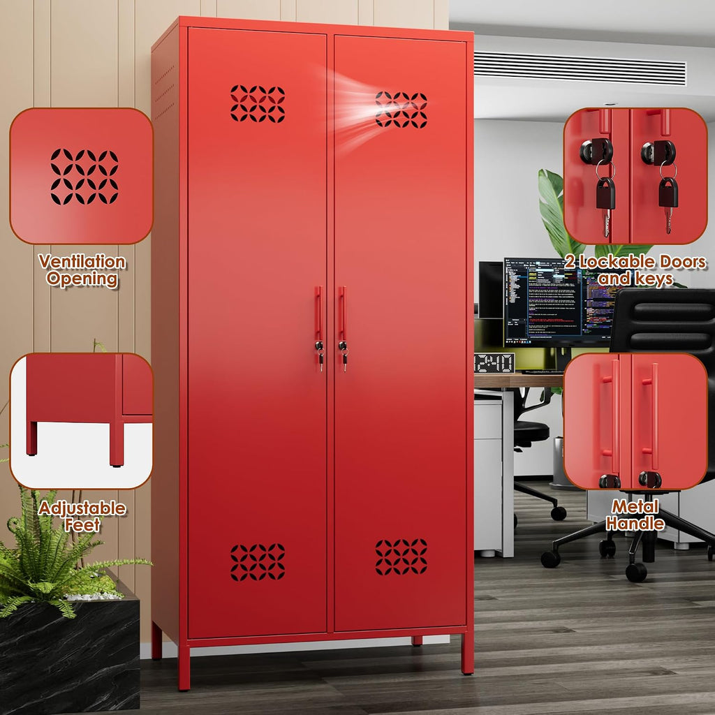 71”H Metal Wardrobe Closet with 4 Adjustable Shelves,Metal Storage Armoire Cabinet with Locks and 2 Hanging Rod for Bedroom,Home, Assembly Required, Red