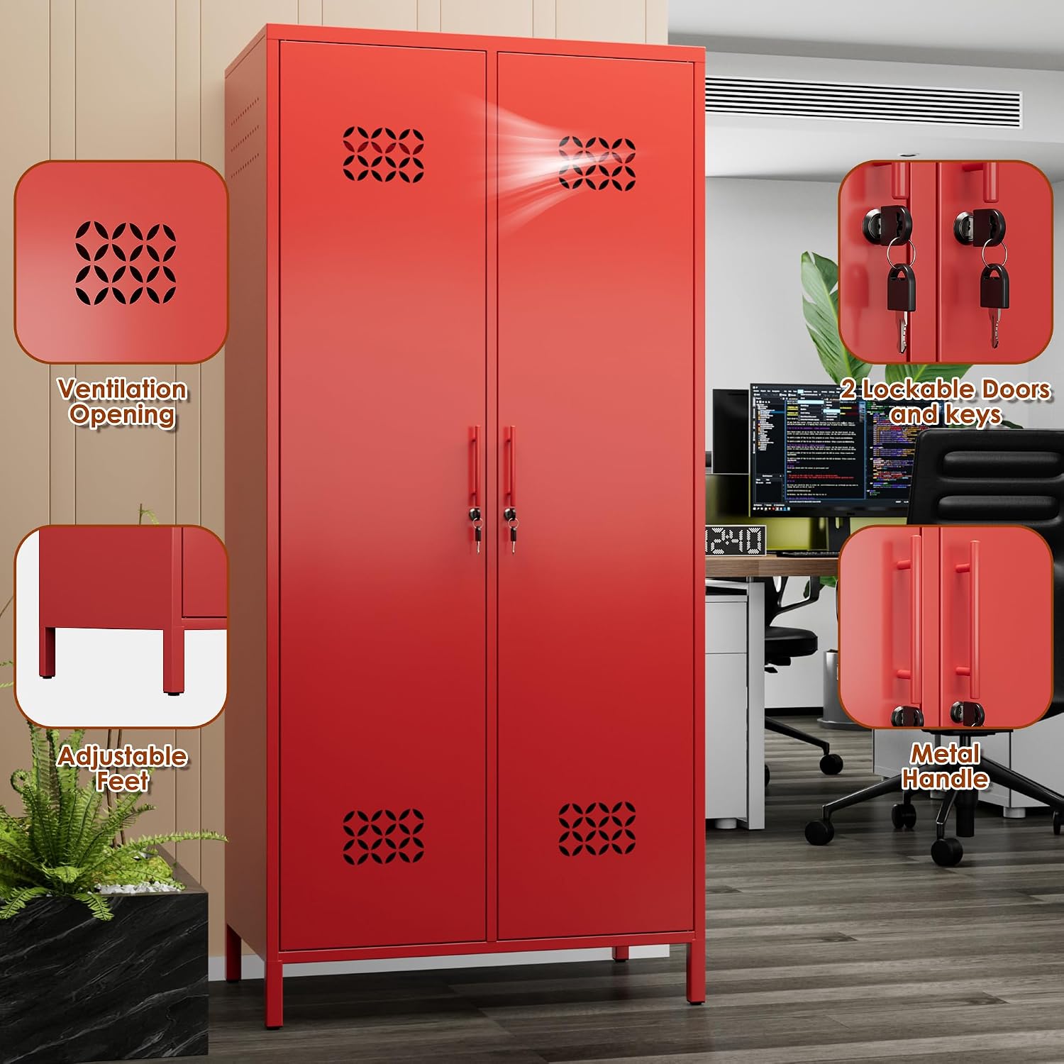71”H Metal Wardrobe Closet with 4 Adjustable Shelves,Metal Storage Armoire Cabinet with Locks and 2 Hanging Rod for Bedroom,Home, Assembly Required, Red