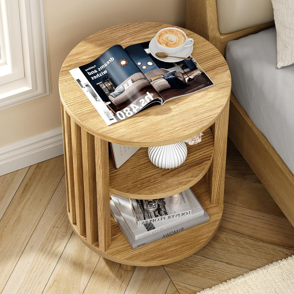 Round End Table, Wood Bedside Table, Mid Century Modern Nightstand with Open ...