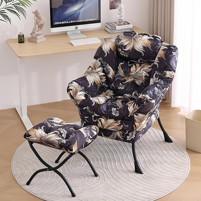 Tiita Lazy Chair with Ottoman, Modern Large Accent Lounge Chair, Leisure Sofa Armchair with Ottoman, Reading Chair with Footrest for Bedroom, Living Room, Dorm Rooms, Garden and Courtyard