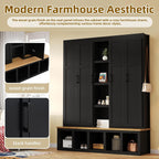 Modern 63'' Wide Hall Tree with 6 Hidden Hanging Hooks, Brown Wood Grain Minimalist Shoe Cabinet with Open Compartments, Entryway Coat Rack for Living Room Hallway (Black-4.23)