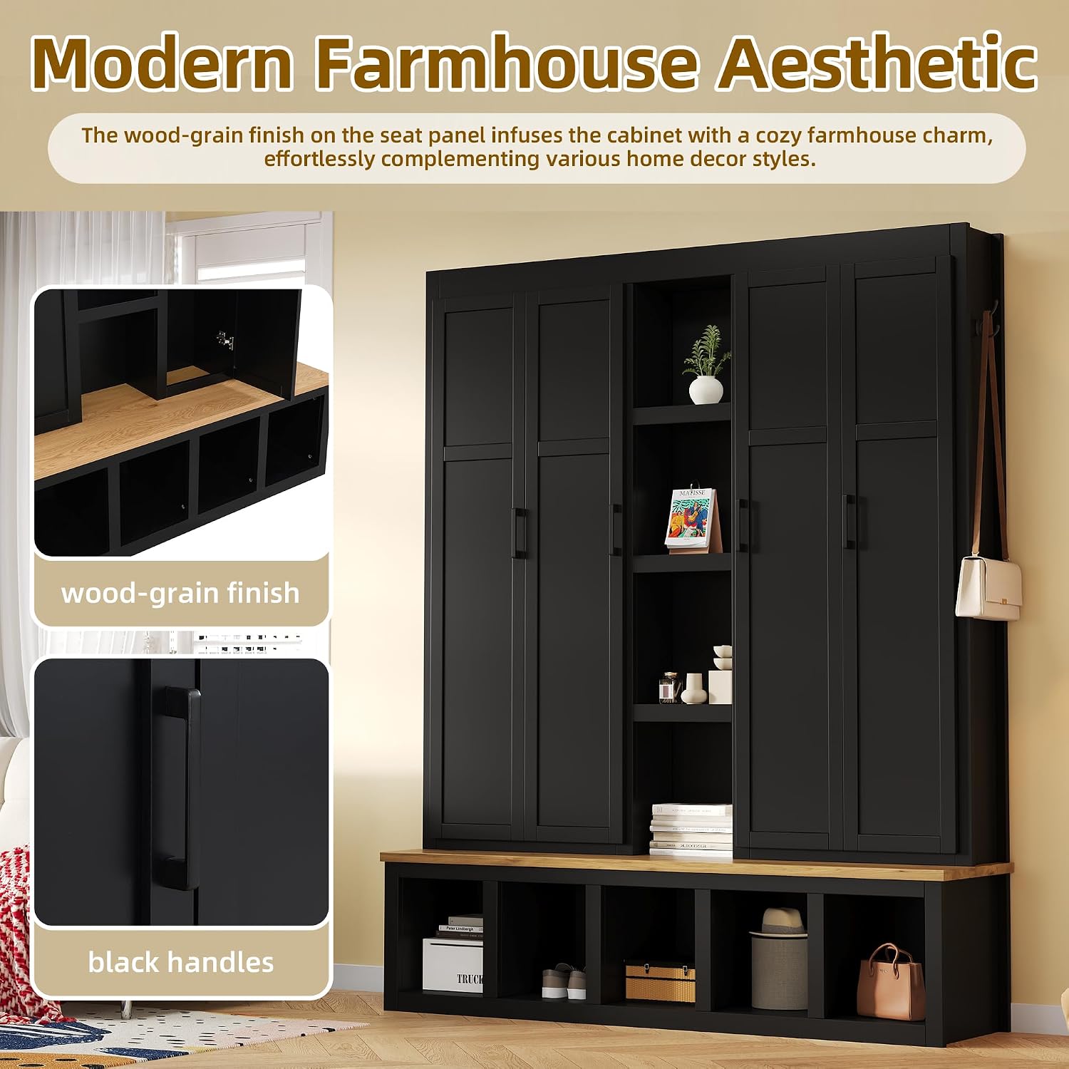 Modern 63'' Wide Hall Tree with 6 Hidden Hanging Hooks, Brown Wood Grain Minimalist Shoe Cabinet with Open Compartments, Entryway Coat Rack for Living Room Hallway (Black-4.23)