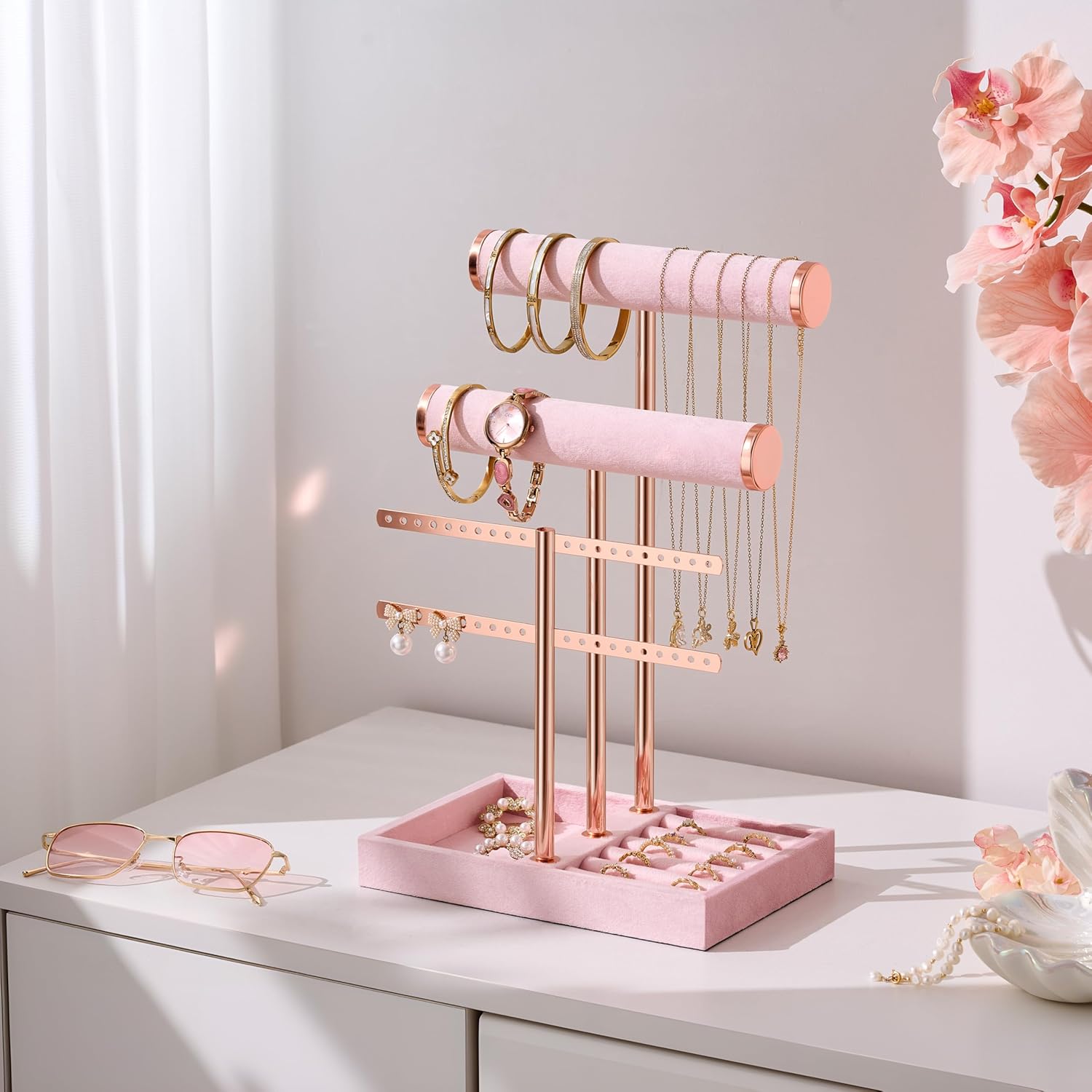 3 Tier Bracelet Holder Display - Detachable T Bar Pink Velvet Bracelet Holder, Jewelry Holder Organizer for Bracelet, Necklace, Earrings, Rings