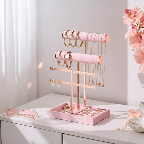 3 Tier Bracelet Holder Display - Detachable T Bar Pink Velvet Bracelet Holder, Jewelry Holder Organizer for Bracelet, Necklace, Earrings, Rings
