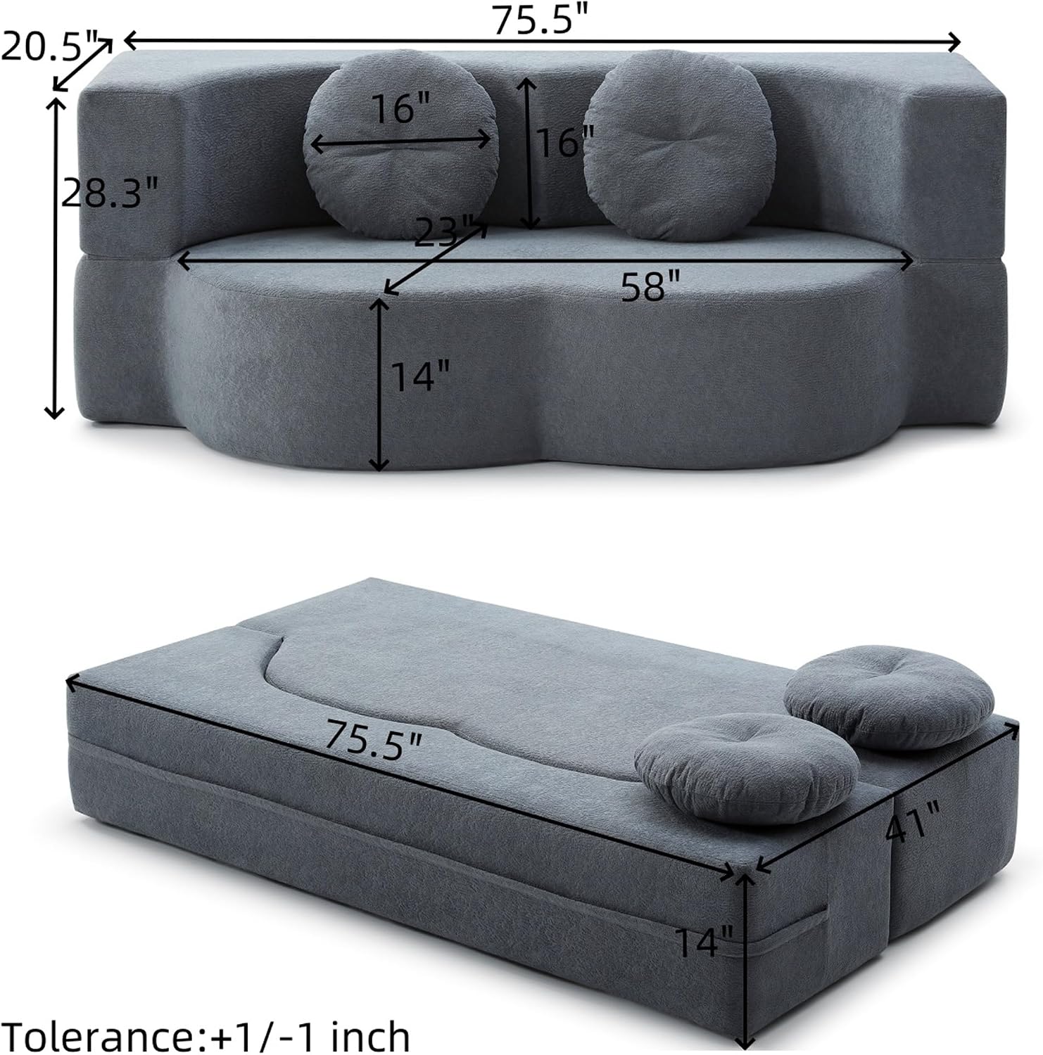 75" Convertible Folding Sofa Bed, 2-in-1 Full Size Floor Boneless Couch Bed, Loveseat sleeper Couch, Memory Foam Floor Sofa Sleeper SofaBed, Small couches for small spaces, No Assembly (Grey)
