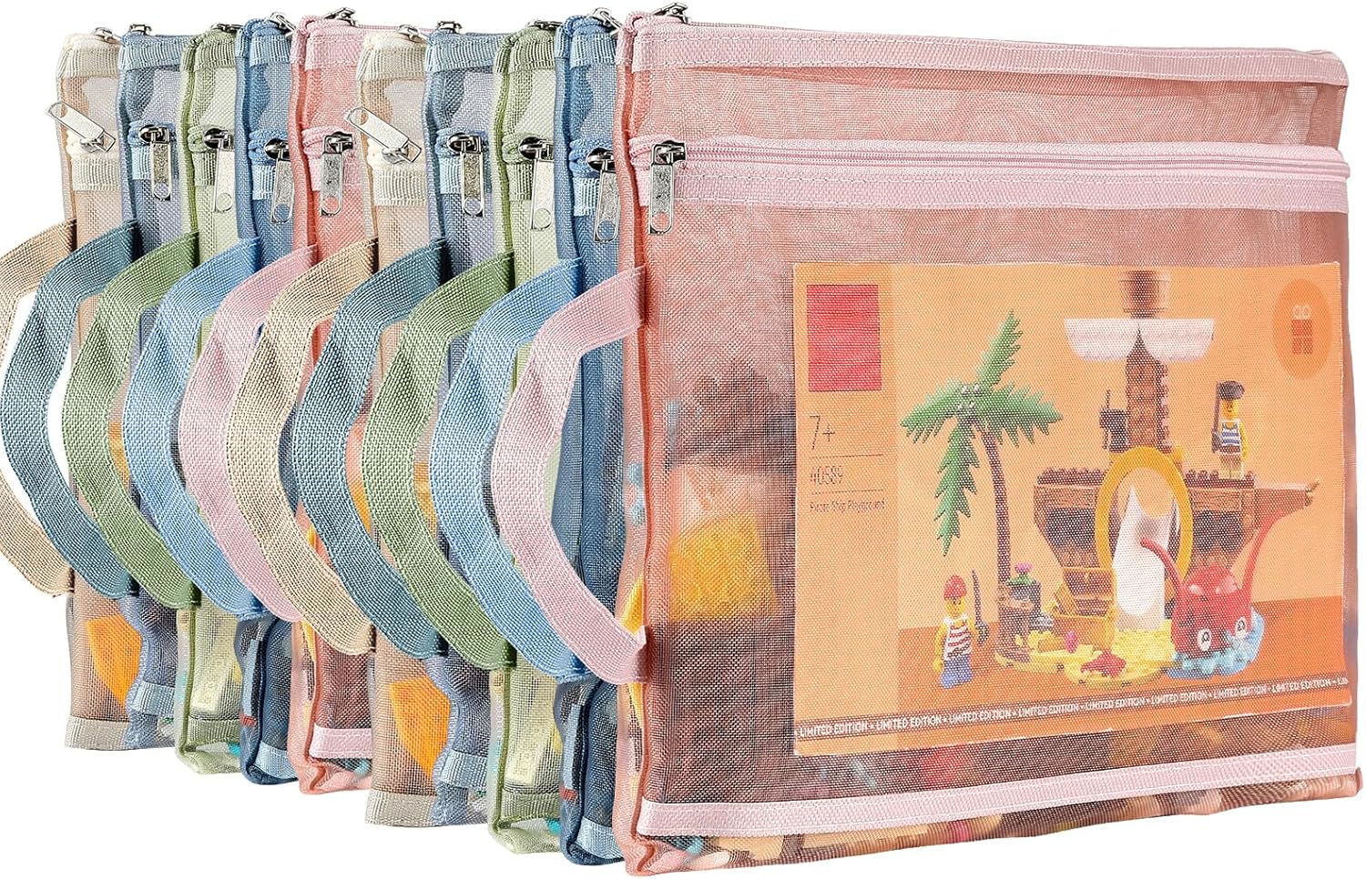 10 Pack Colored Mesh Zipper Pouch Bags, Double-Layer Nylon Puzzle Building Block Sets Toy Storage & Organization, Breathable See Through A4 Zipper Pouch with Handle for School Games