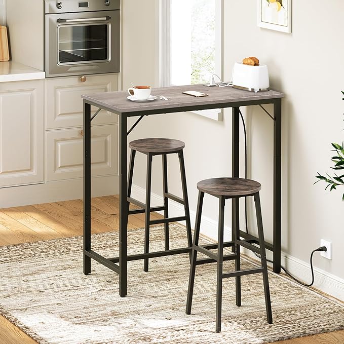 HOOBRO Bar Table with Charging Station, Rectangular Pub Table, High Top Coffee Table, Counter Bar Height Table, Narrow Long Dining Table, 35.4" L x 15.7" W x 35.6" H, Greige BG90UBT01