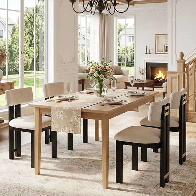 HNY Modern Farmhouse Linen Dining Chairs Set of 4, Beige Fabric Upholstered Dining Room Kitchen Chairs with Black Wood Frame & Curved-Back, Armless Accent Wood Chair for Dining Living Room