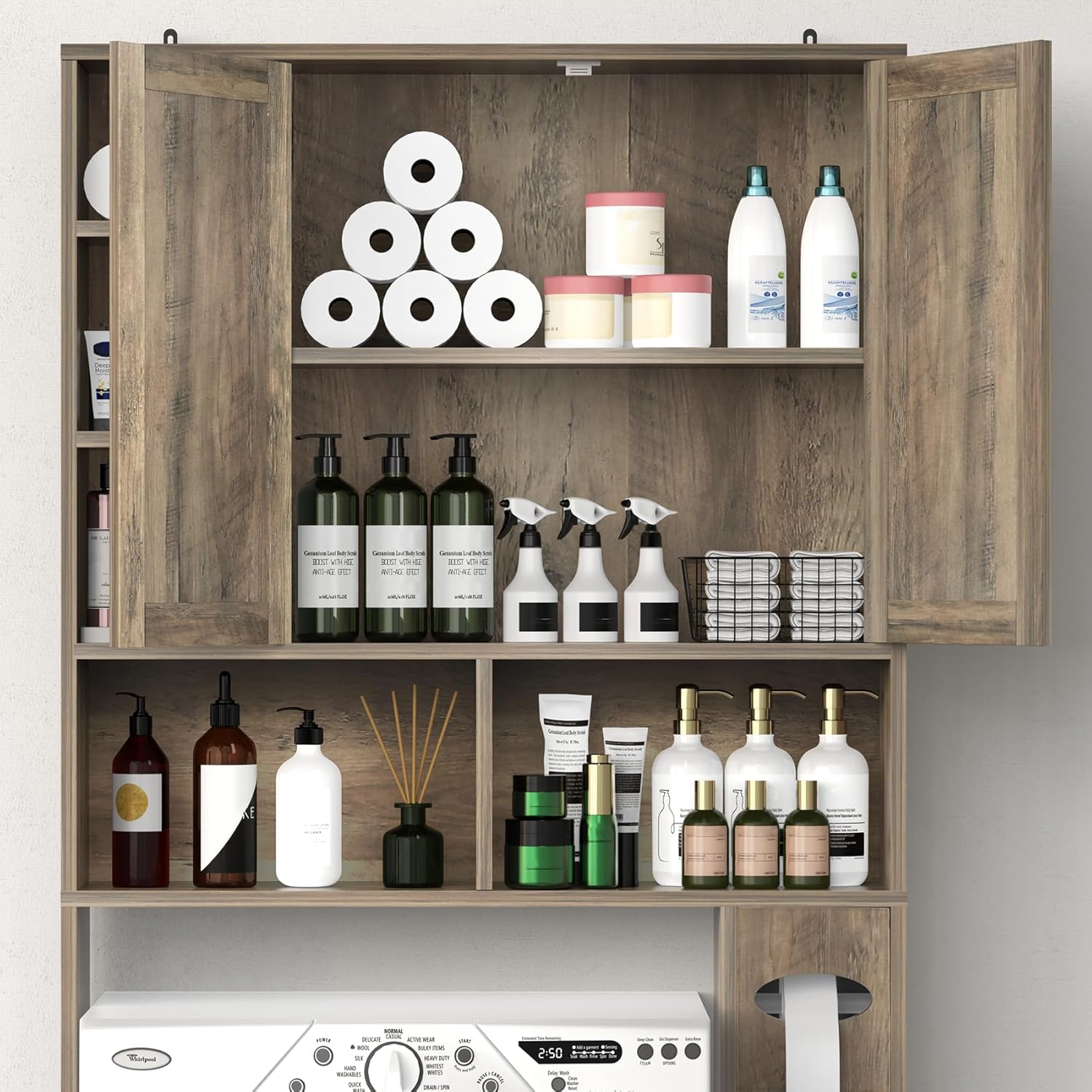 Winkalon Over The Toilet Storage Cabinet with 2 Barn Doors and Adjustable Shelves, Freestanding Toilet Shelf Organizer with Toilet Paper Holder, Space Saver for Bathroom, Restroom, Laundry (Wood)