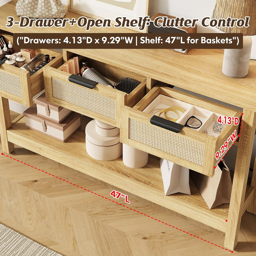 Luoxiao Entryway Table with Outlets & USB-C, 3 Drawers Rattan Console Tab...