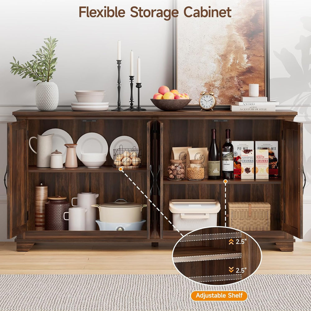 ONBRILL 63 Inch Buffet Cabinet with Storage, 4 Carved Doors, Brown