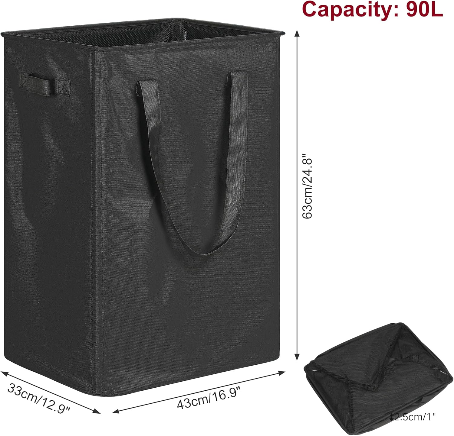 efluky Slim Laundry Basket, Narrow Laundry Hamper with Handles, Collapsible Dirty Clothes Hamper, Tall Laundry Bin for Laundry Room, Dorm and Bedroom, 90L Black
