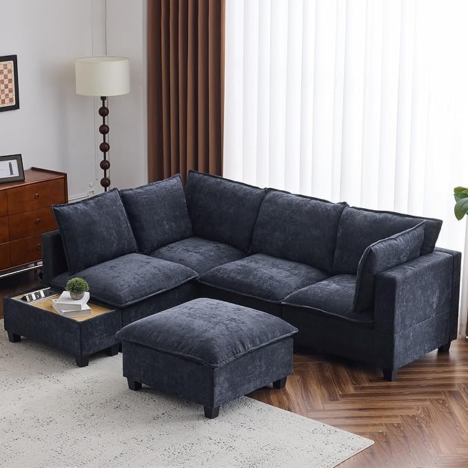 Merax Modern 90" U-Shaped Chenille Sectional Sofa Set, Modular Sofa Couch with a Movable Ottoman, a Coffee Table with Hidden Charging Devices for Living Room, Blue