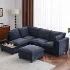 Merax Modern 90" U-Shaped Chenille Sectional Sofa Set, Modular Sofa Couch with a Movable Ottoman, a Coffee Table with Hidden Charging Devices for Living Room, Blue