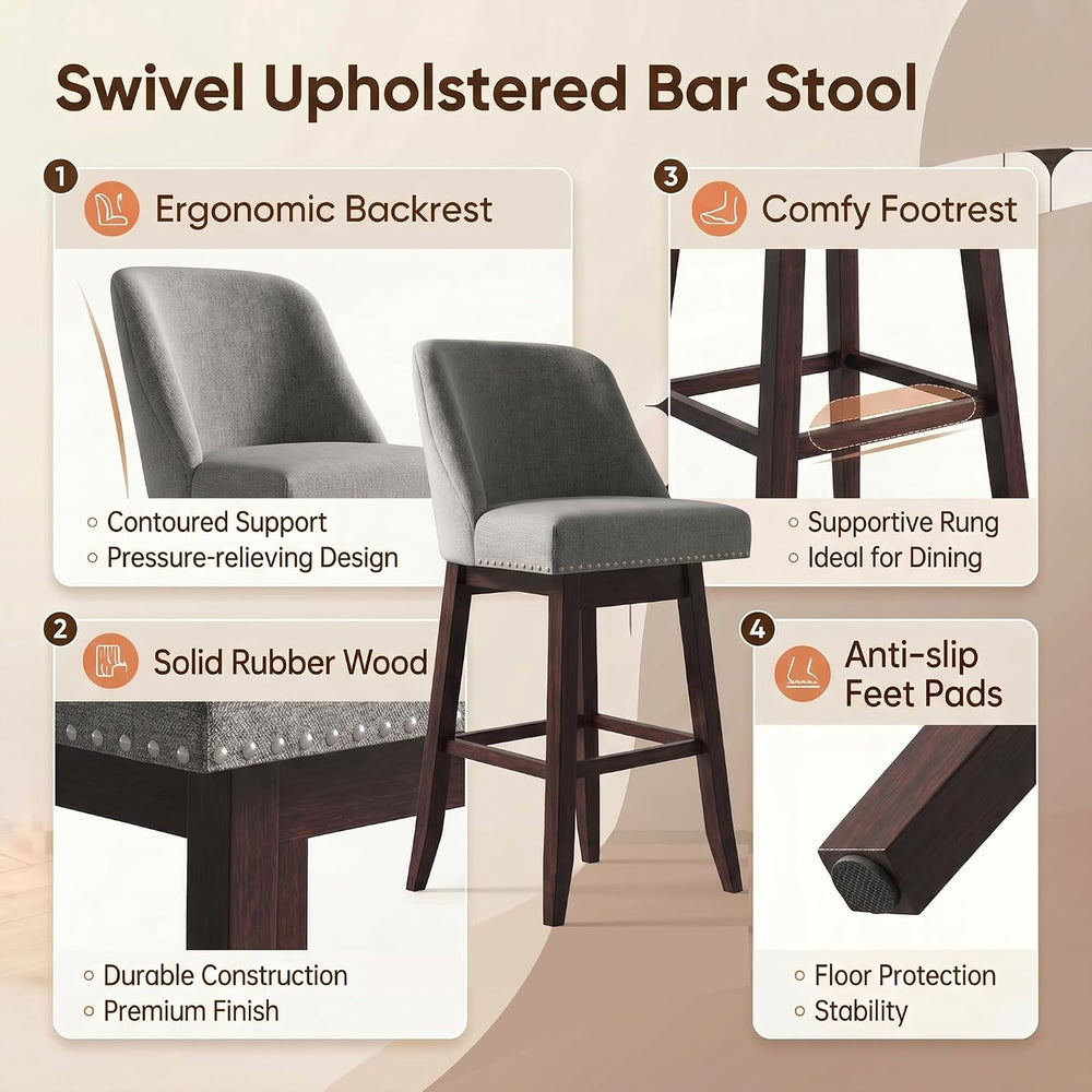 Swivel Barstools Set of 2, Upholstered Bar Chairs Counter Height (26IN) with ...
