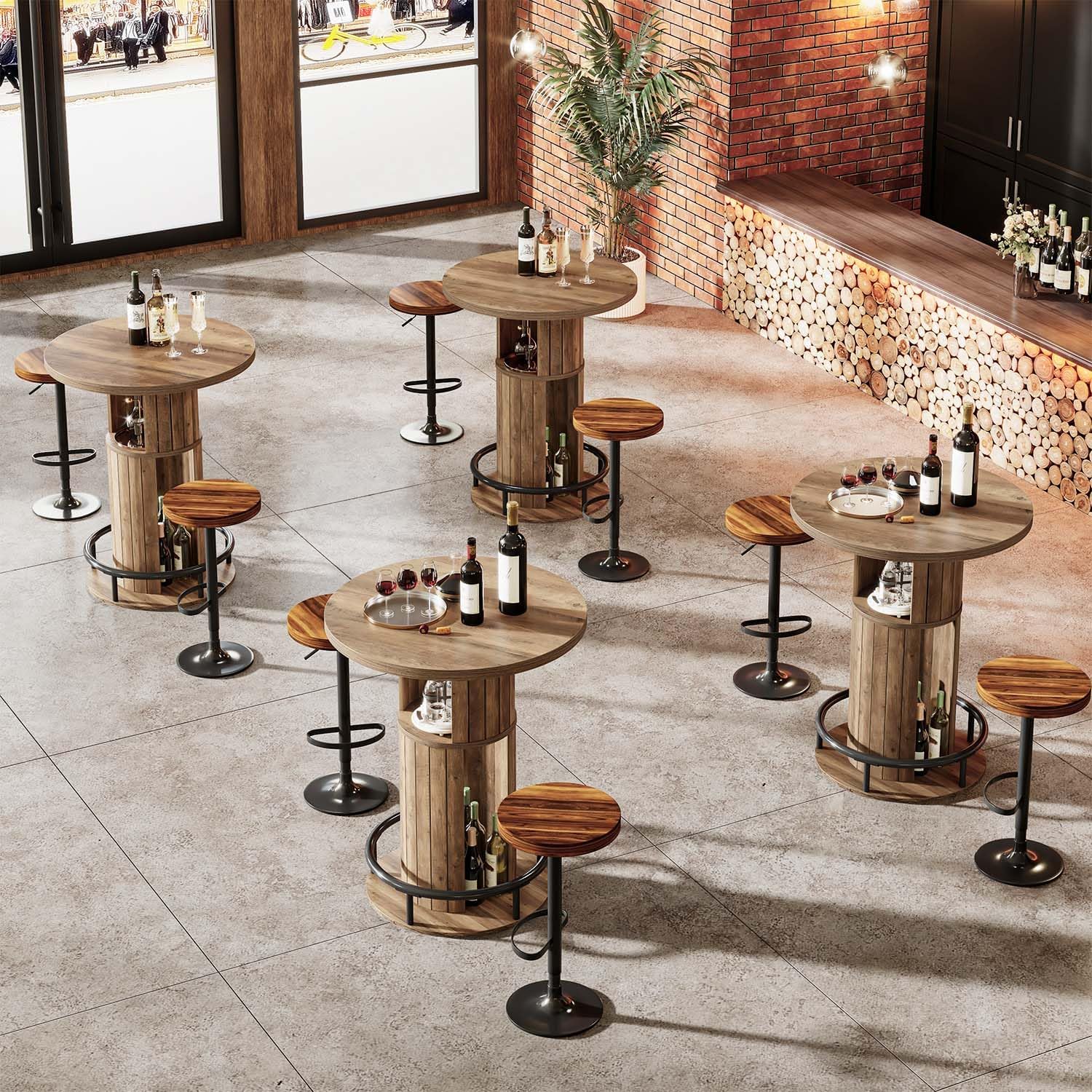 HSH 39.37" H Round Bar Table with Storage and Metal Ring Footrest, Rustic | Modern Bar Height Pub Table With 2 Tier Storage, Space-Saving Design, For Kitchen, Coffee Bars And Small Spaces, Table Only