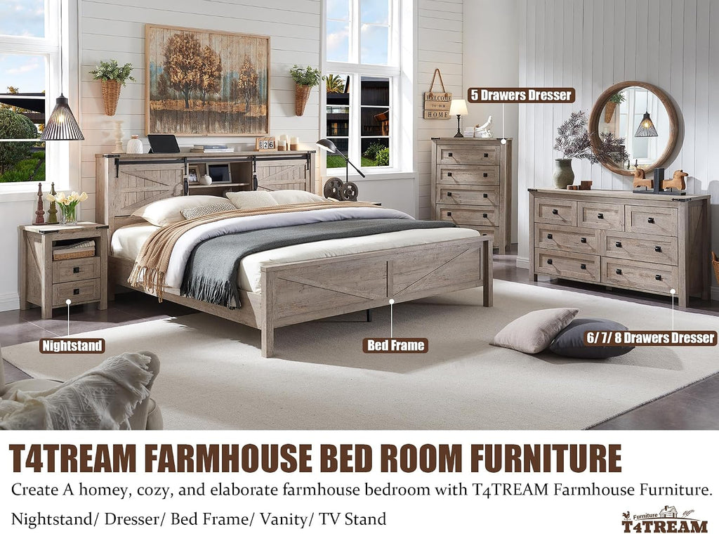 T4TREAM 18" Nightstand Set of 2 with Charging Station, Light Rustic Oak | Farmhouse, Rustic End Table, Open Shelf, 2 Drawers, Living Room, Side Table, Wood Bedside Table, Unique Corner Accent