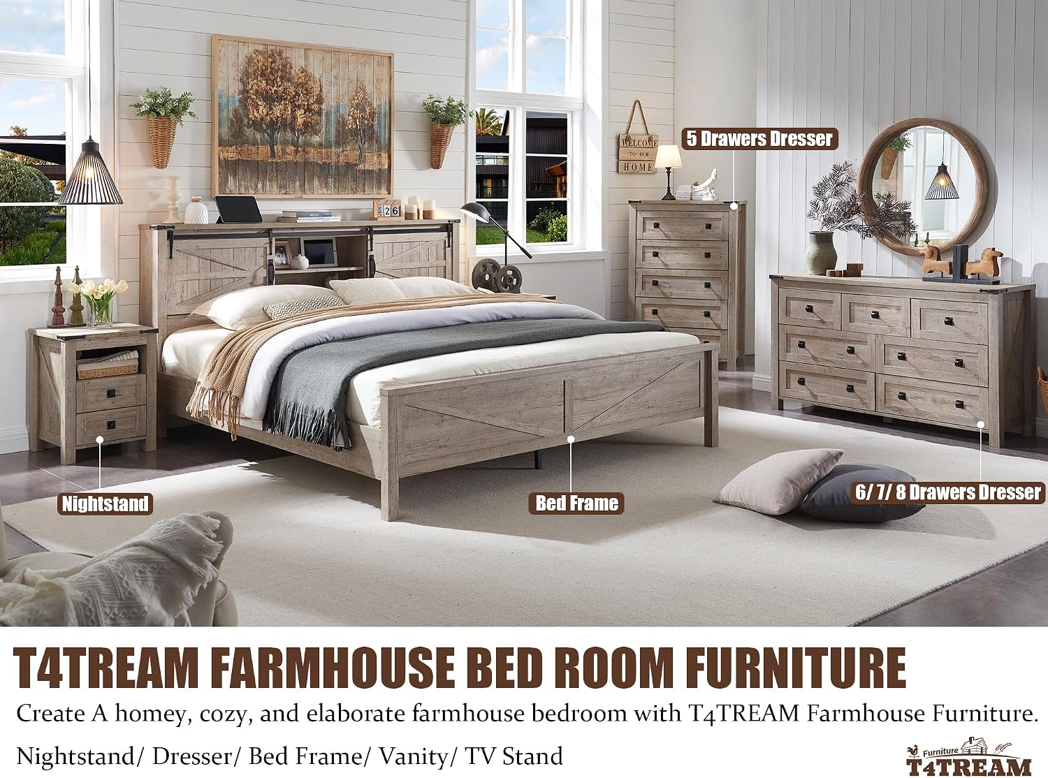 T4TREAM 18" Nightstand Set of 2 with Charging Station, Light Rustic Oak | Farmhouse, Rustic End Table, Open Shelf, 2 Drawers, Living Room, Side Table, Wood Bedside Table, Unique Corner Accent
