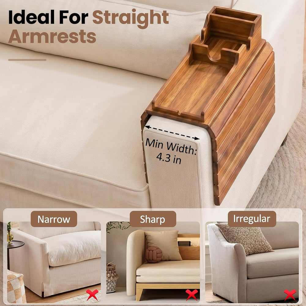 Acacia Couch Armrest Table, Over the Couch Arm Tray with Removable Couch Cup ...