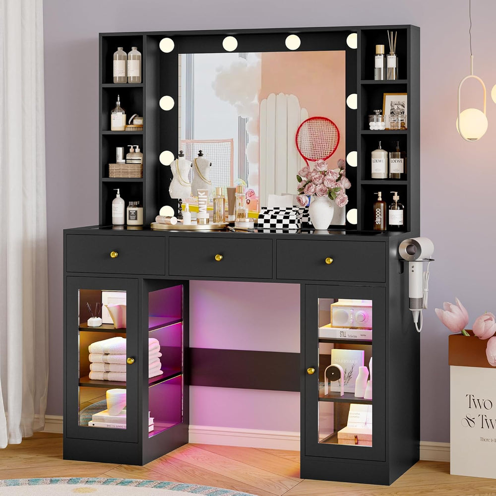 Wodeer Makeup Vanity Desk with Mirror and Lights, Black Vanity with Glass Top...