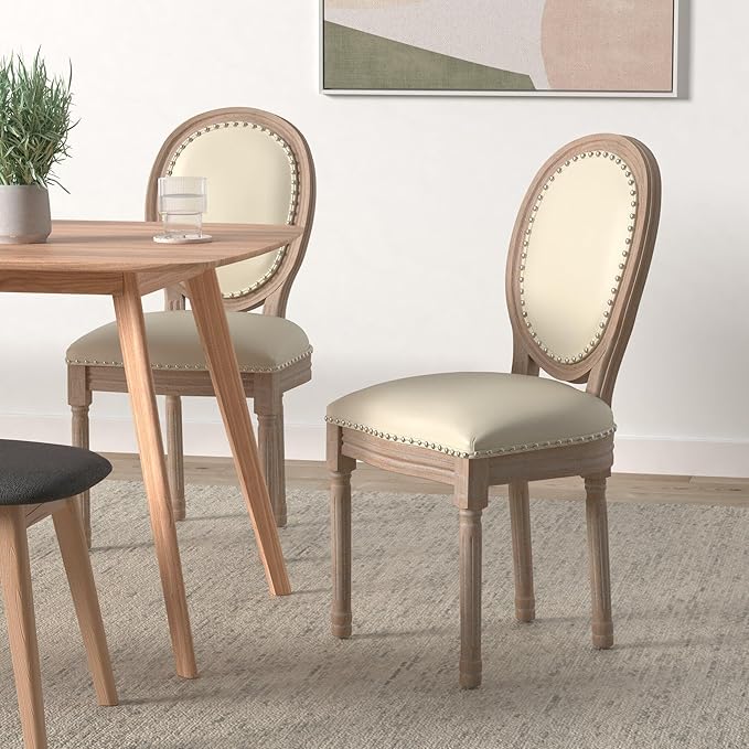 Nrizc French Dining Chairs Set of 6, French Country Dining Chair, Vintage Farmhouse Dining Chairs with Round Back, Solid Wood Beige Fabric Dining Room Chairs, for Kitchen, Bedroom, Dining Room
