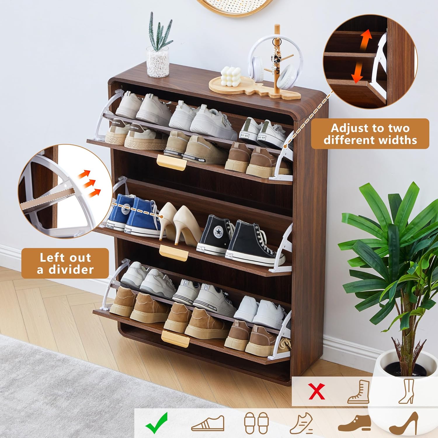 Hidden Shoe Cabinet with Drawer, Free Standing Narrow Shoe Rack Cabinet for Entryway Slim, 3 Flip Drawer Shoe Storage Organizer Cabinet for Entry,Hallway,Door,Dorm,Small Spaces - Walnut