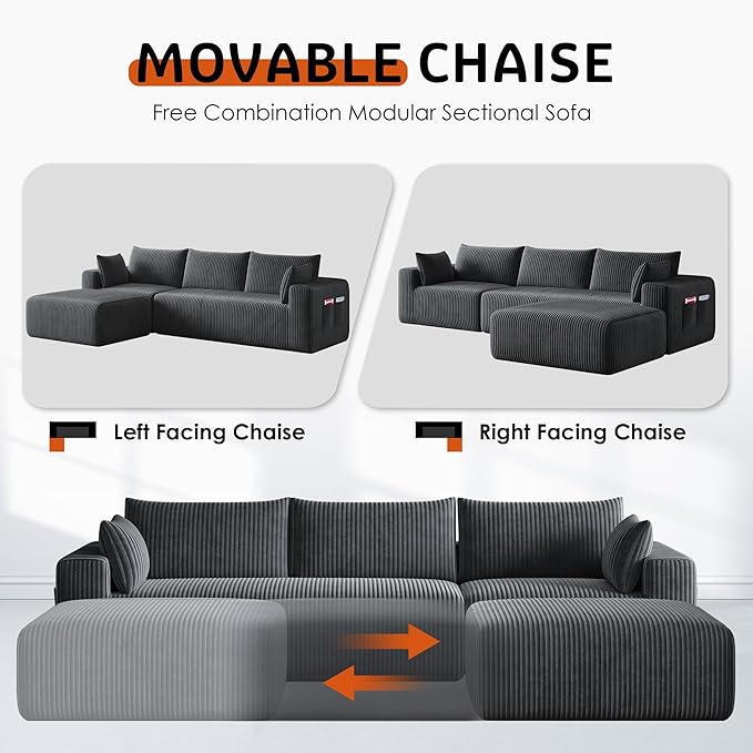 108" Cloud Couch Modular Sectional Sofa for Living Room,L Shaped Boneless Couch with Deep Seat Chaise,No Assembly Required Foam Sleeper Sofa for Apartments,Plush Corduroy Fabric, Dark Gray