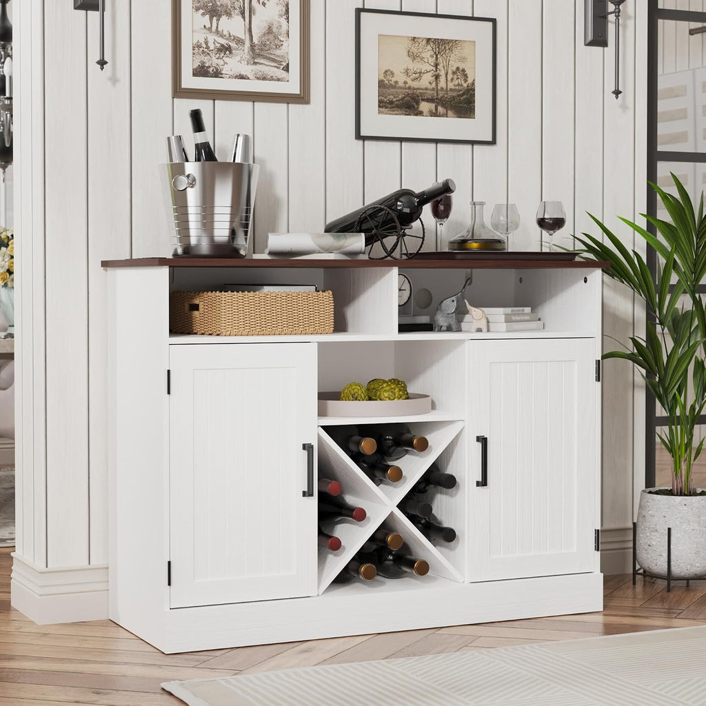 MHOM Farmhouse Coffee Bar Cabinet with Prower Outlets, Rustic Liquor Cabinet with Wine Rack, Wooden Wine Cabinet for Dining Room & Living Room, White