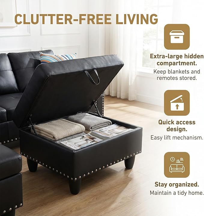 3-Piece L-Shaped Modular Leather Sofa – Convertible Sectional Couch with Movable Chaise & Storage Ottoman, Multi-Scene Use for Living Room, Apartment & Office, Black