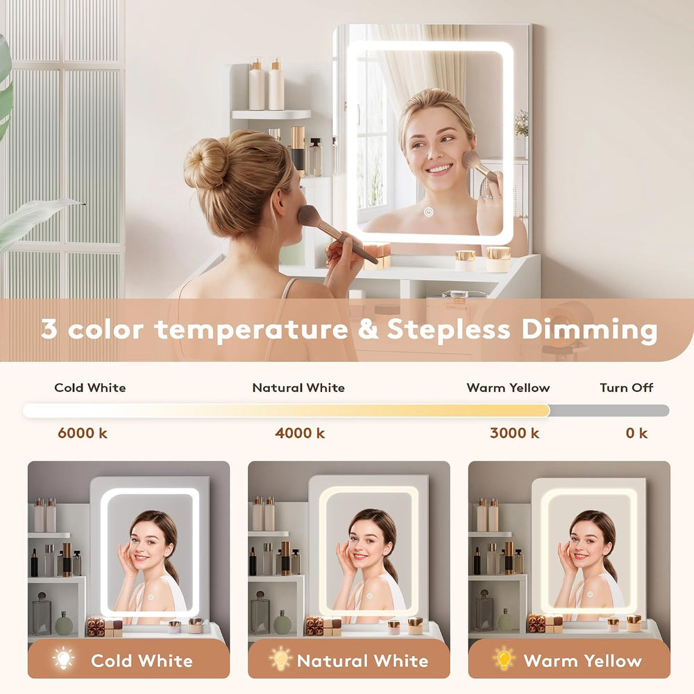 LIVELYGLOW 24" White Small Vanity Set with Lighted Mirror & Storage ...
