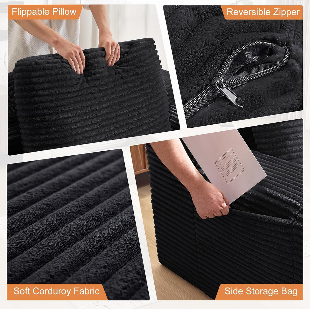 72.8" Convertible Chaise Lounge Sofa Bed, Corduroy Sleeper Boneless Couch with Removable Pillow & Movable Table Tray, Deep Seat No-Assembly Sofa for Living Room, Bedroom, Apartment, Black