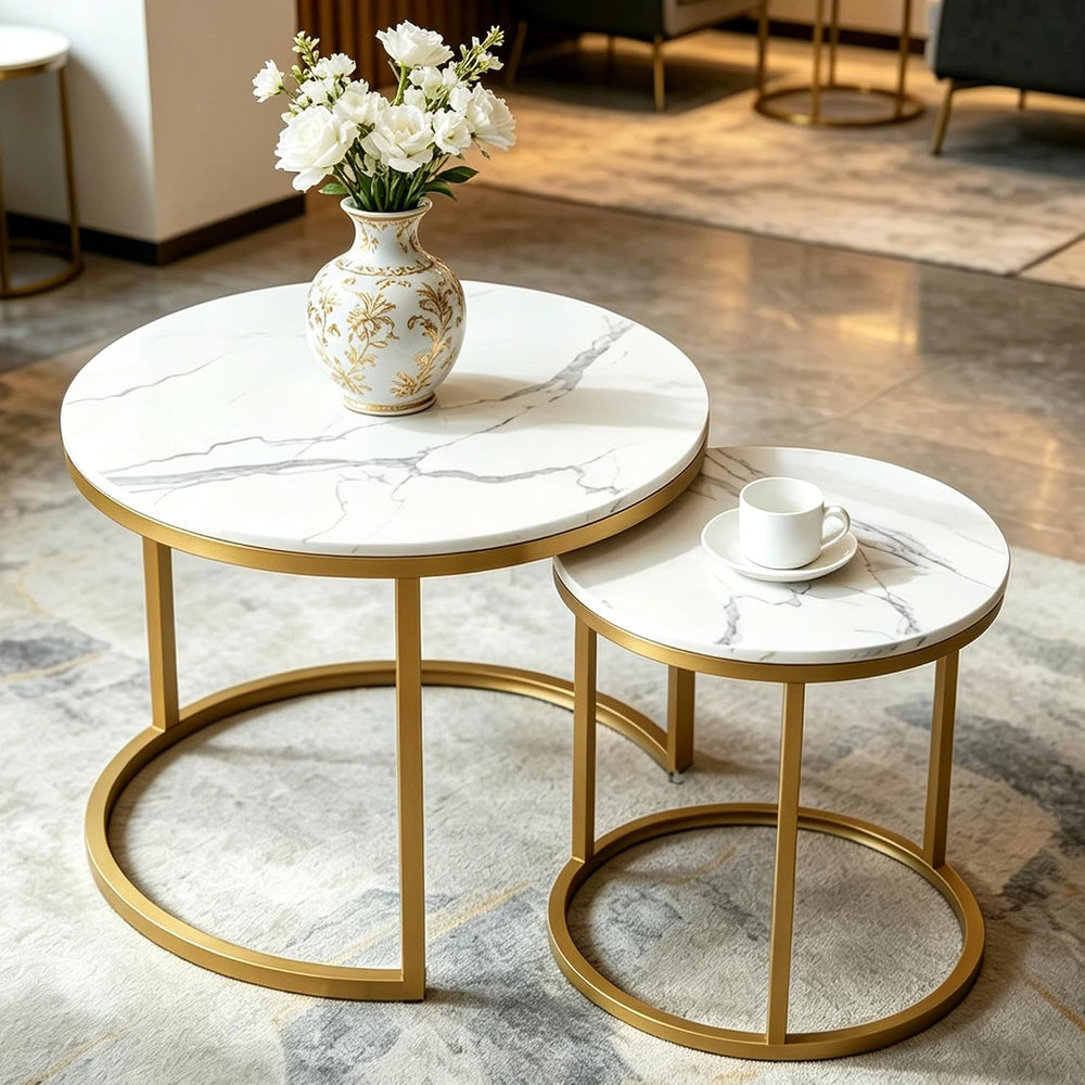 Round Coffee Table Set with Marble Pattern Top,Coffee Table and End Table Set...