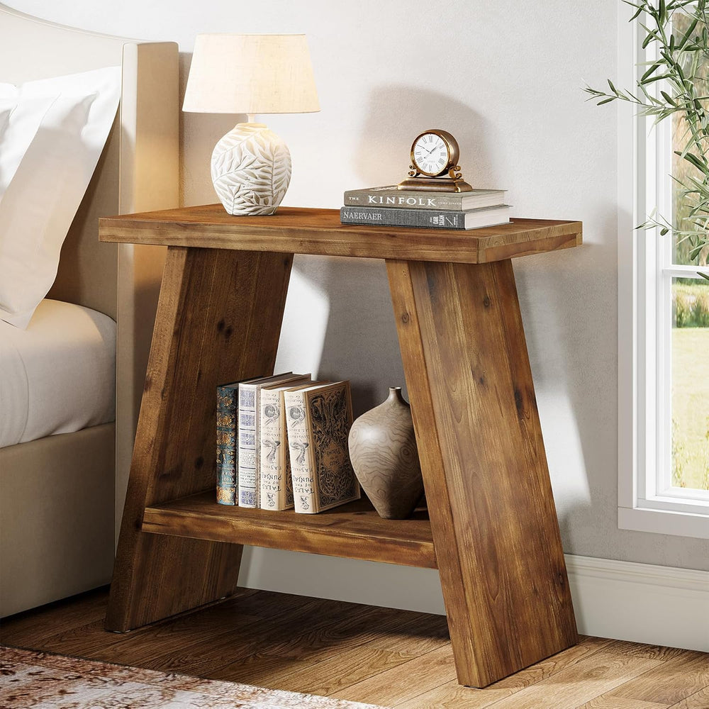 Solid Wood End Table for Living Room Set of 2, Narrow Small Side Table with 2...