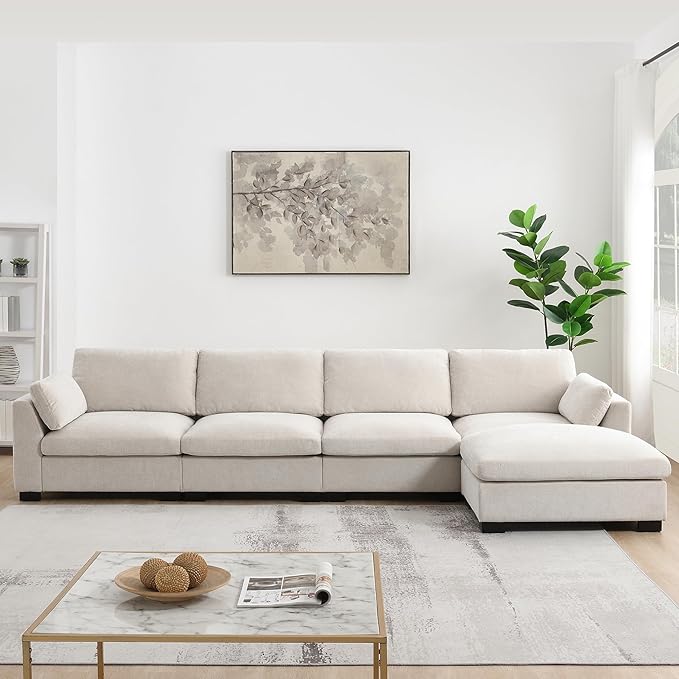 Ball & Cast Oversized Modular L Shaped Sectional Sofa W/Movable Ottoman and USB Ports,5 Seater Chenille Couch W/ 2 Armrest Pillows,Side Pocket & Folding Table,for Living Room,Apartment,Beige,130"