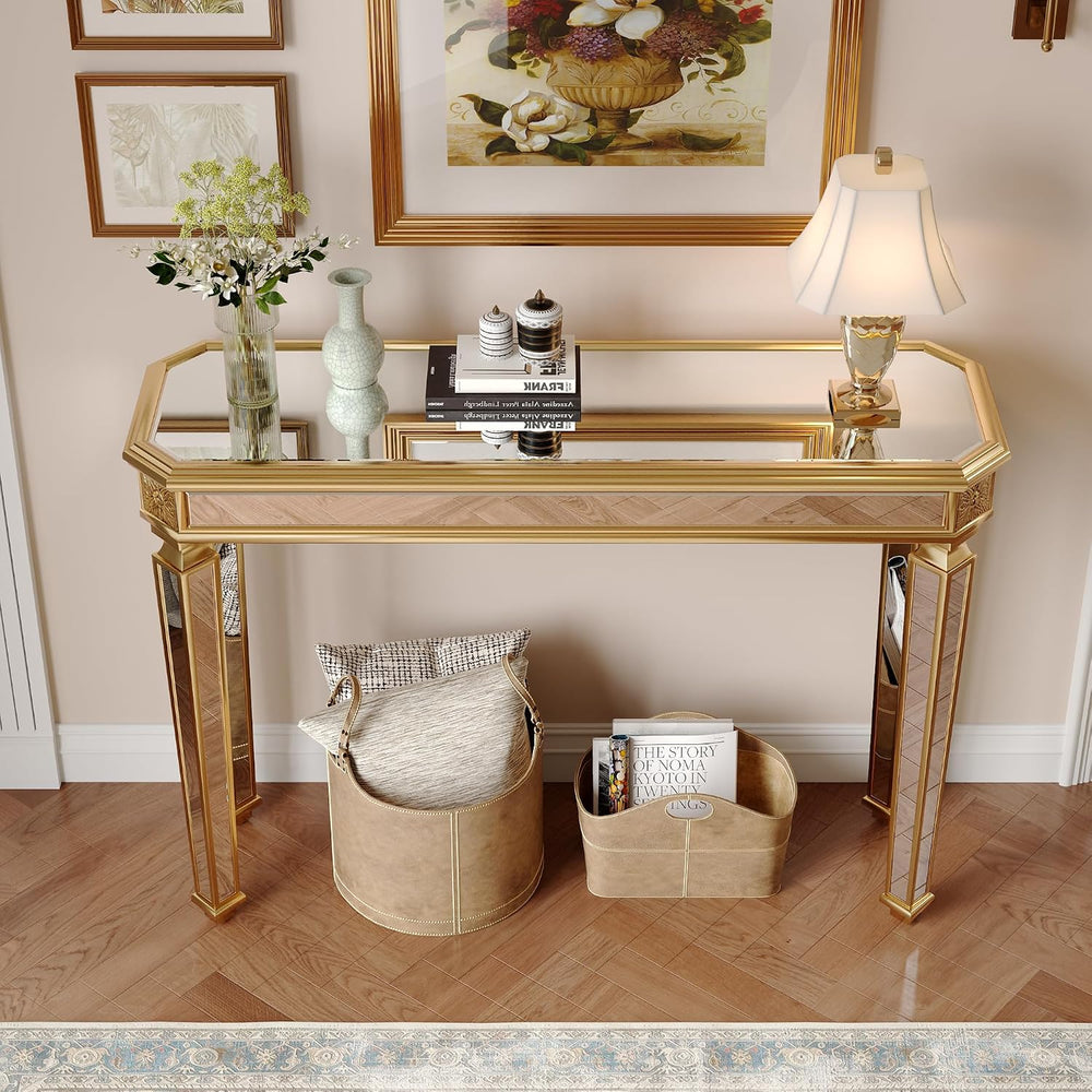 Gold Mirrored Console Table, 48" Rectangle Glass Sofa Table with Mirrore...