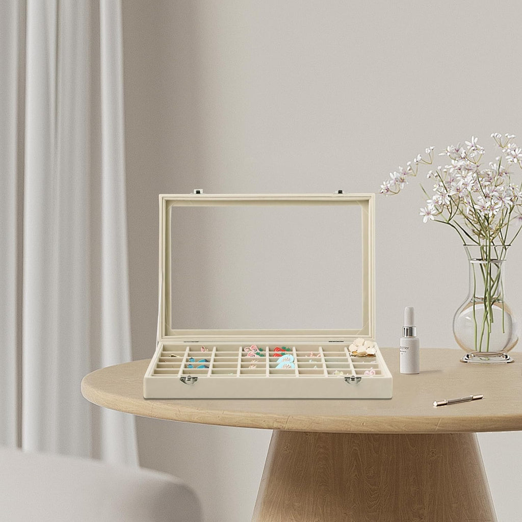 Frebeauty 48 Grid Jewelry Tray,Adjustable Earring Holder Organizer with Glass Lid,Velvet Drawer Jewelry Organizer for Rings,Studs,13.8 x 9.5 x 2 Inches Jewelry Display Box,Gift for Women(Beige)