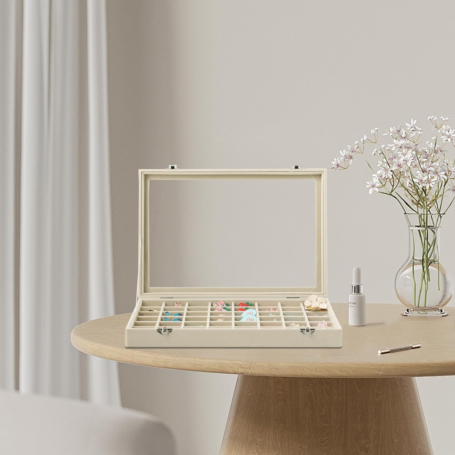 Frebeauty 48 Grid Jewelry Tray,Adjustable Earring Holder Organizer with Glass Lid,Velvet Drawer Jewelry Organizer for Rings,Studs,13.8 x 9.5 x 2 Inches Jewelry Display Box,Gift for Women(Beige)