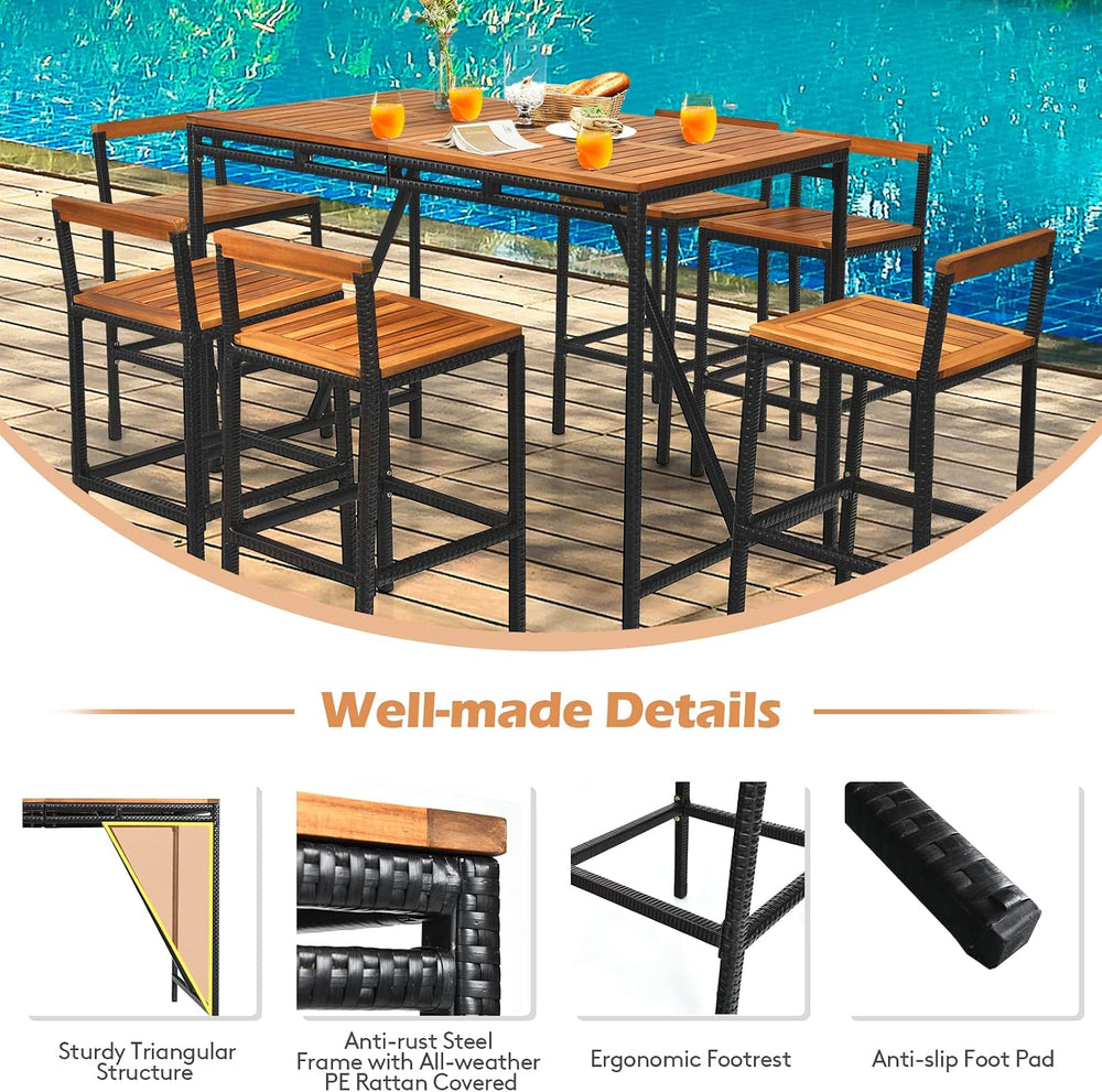 Tangkula 7-Piece Acacia Wood Bar Set with Patiojoy Outdoor Rattan High-Dining...