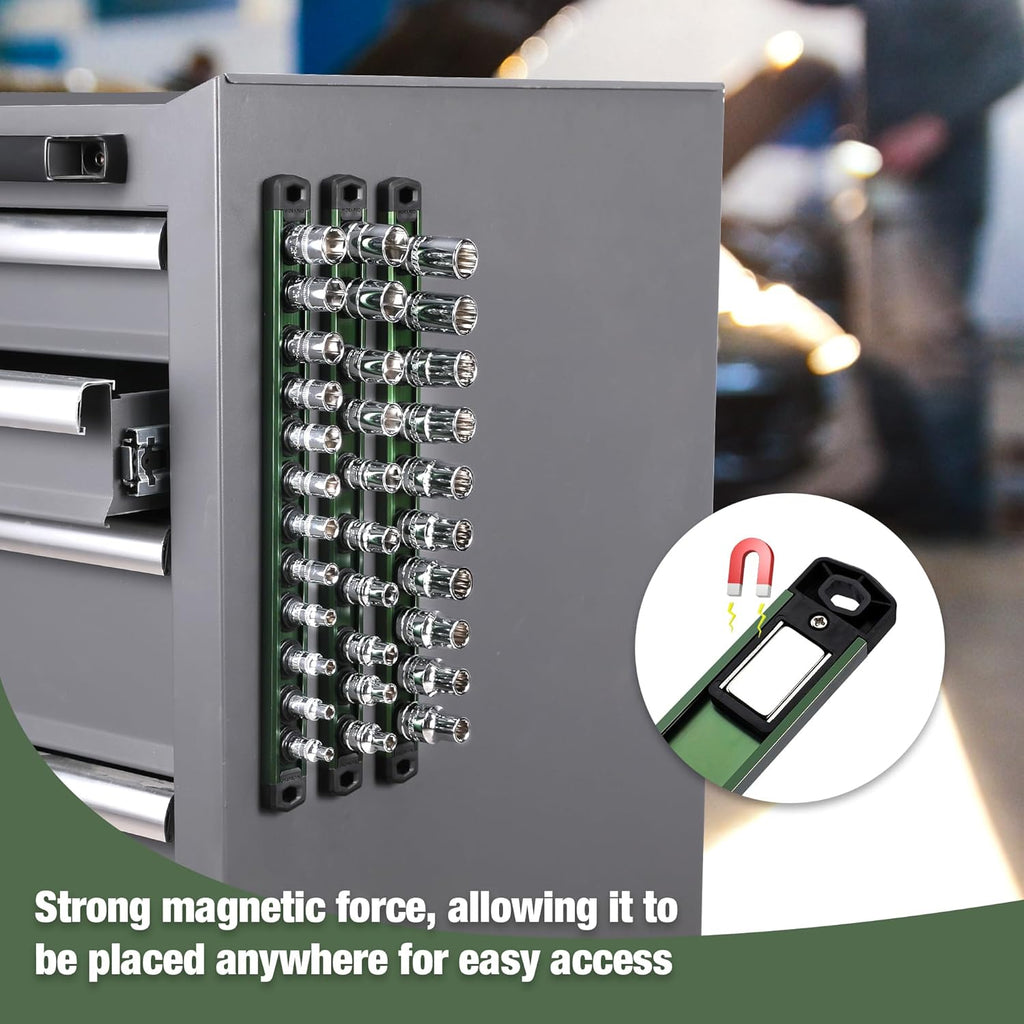 WORKPRO Magnetic Socket Organizer, 1/4-Inch Drive Aluminum Alloy Socket Rail, Heavy Duty Socket Holder, Socket Rack Kit 1/4-Inch x 12 Clips Green (Socket not Included)