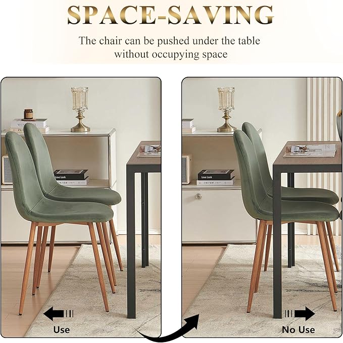 5 Pcs Kitchen Table Set for 4, 47" MDF Dining Table with Walnut Wood Grain, 4 Upholstered Chairs Green Velvet Dining Chair Armless with Metal Legs for Kitchen, Living Room